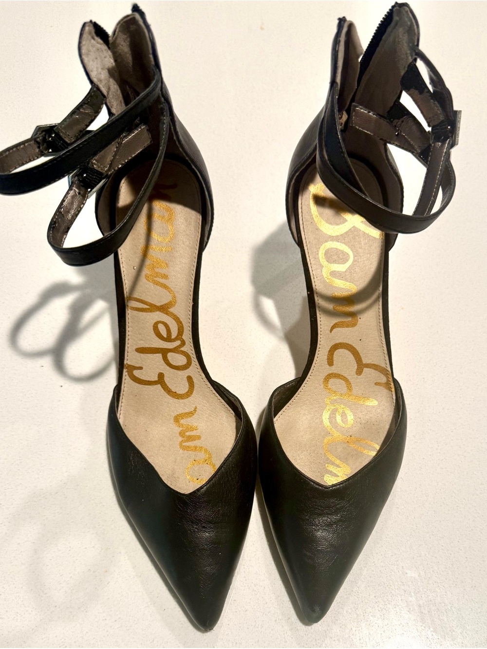 Sam Edelman Black Pointed Leather Ankle-Strap Pumps - Sleek Evening Heels